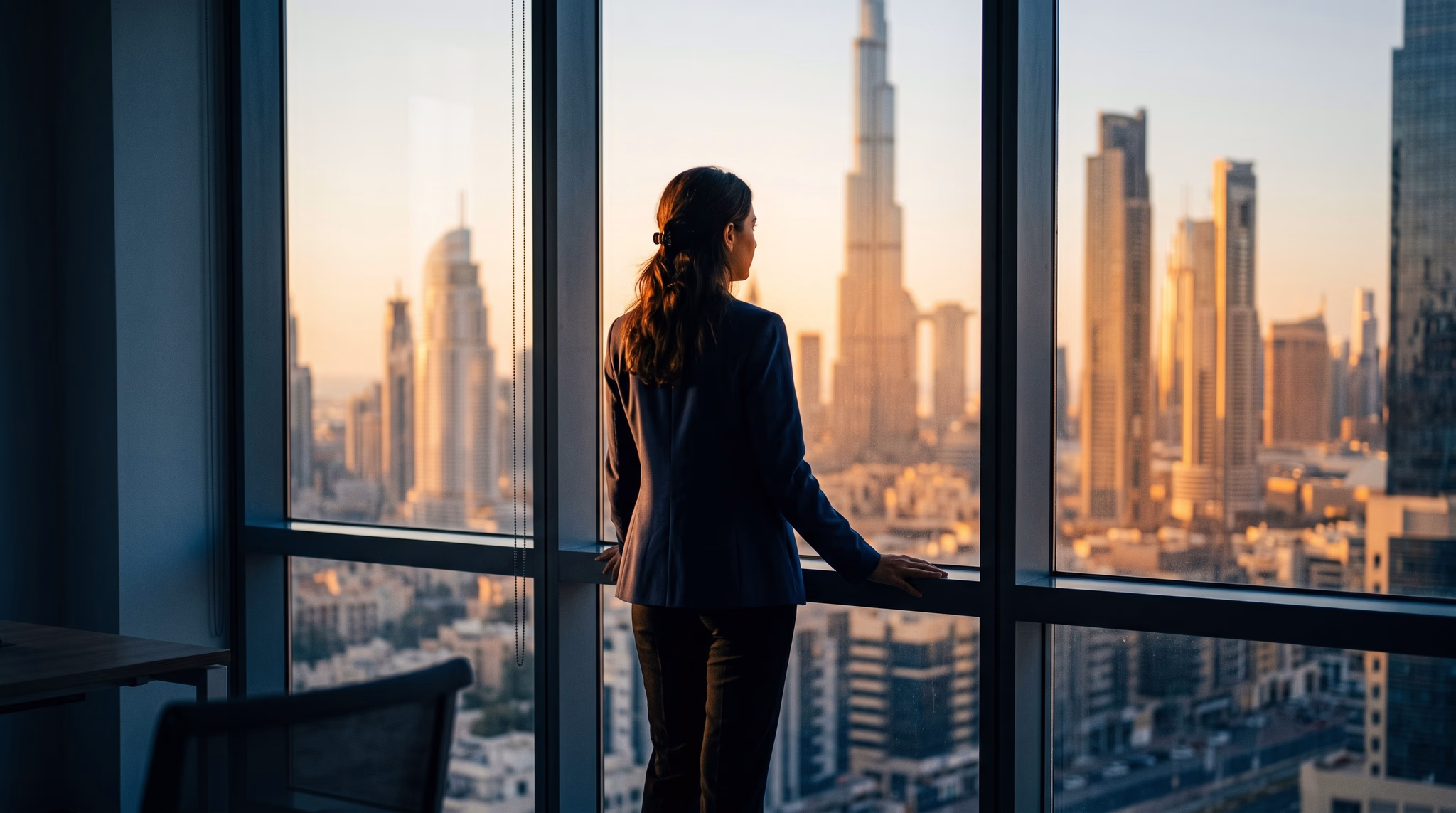 A professional at a floor-to-ceiling window as morning light rises over the Dubai skyline
