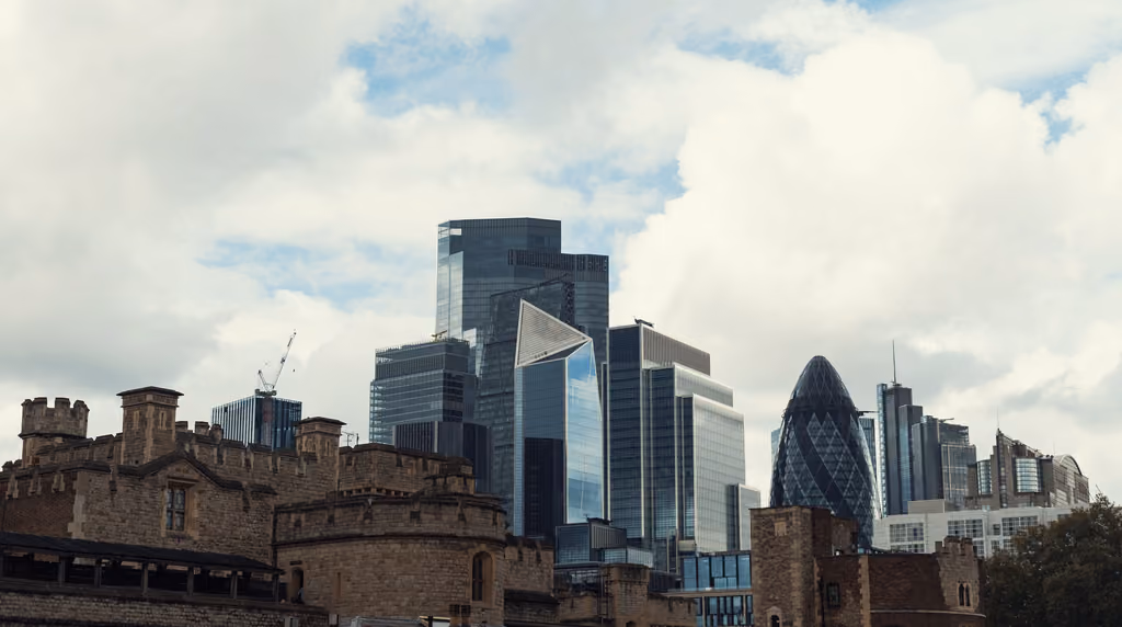 The City of London’s office towers rising behind the walls of the Tower of London