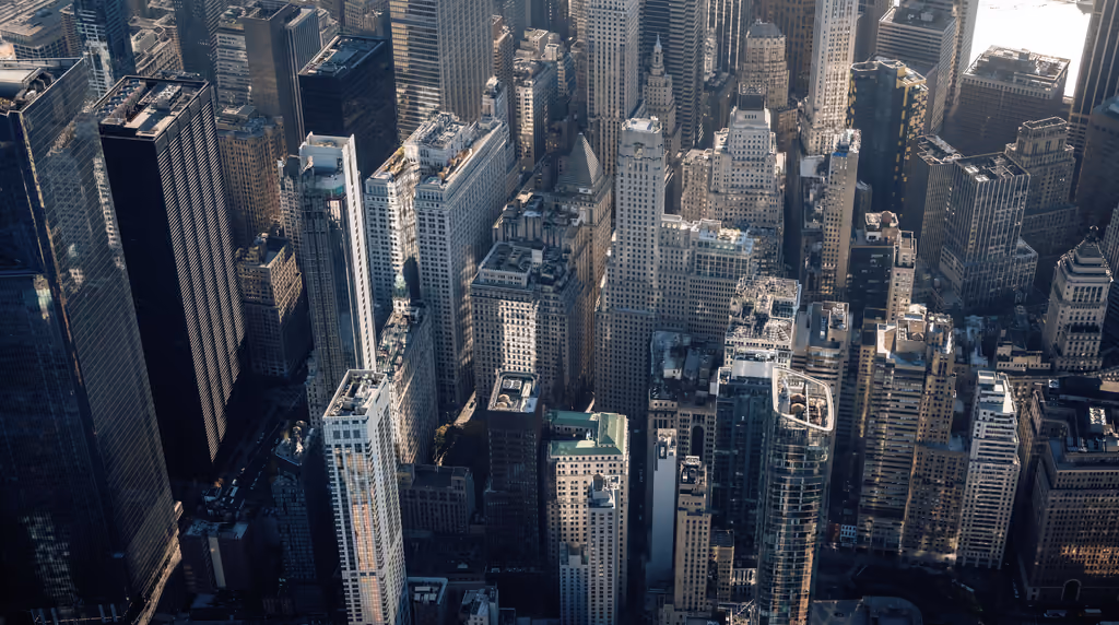 Aerial view of Manhattan office towers and the streets between them