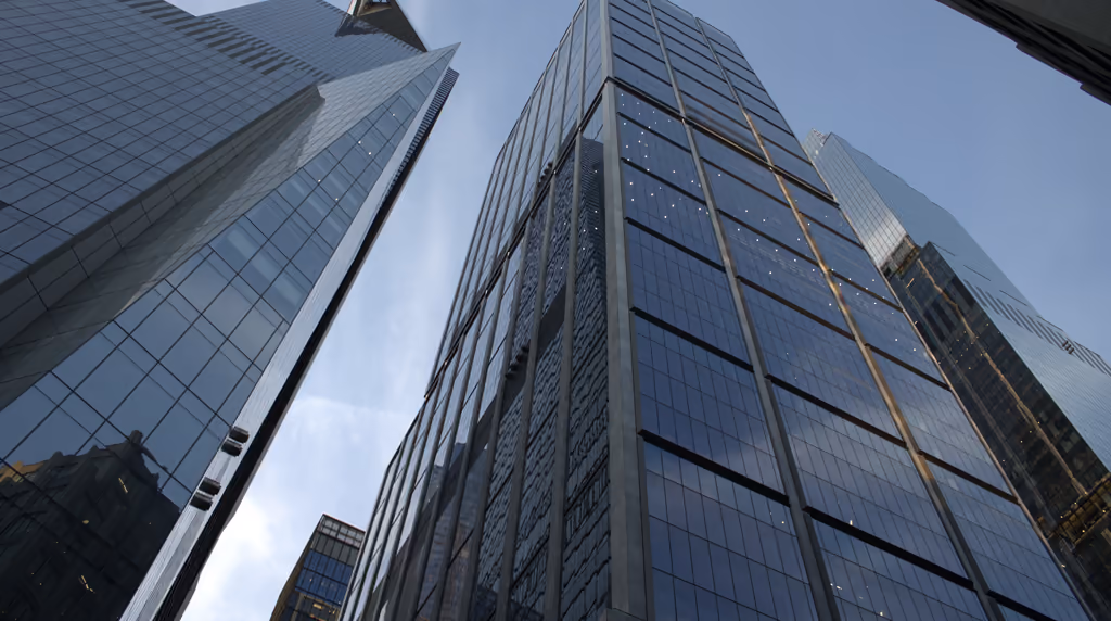 Glass skyscrapers in New York seen from street level