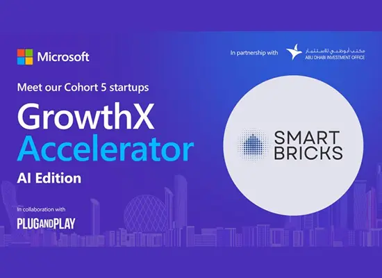 Microsoft GrowthX Accelerator, AI Edition: the Cohort 5 announcement card with the Smart Bricks logo.