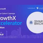 Microsoft GrowthX Accelerator, AI Edition: the Cohort 5 announcement card with the Smart Bricks logo.